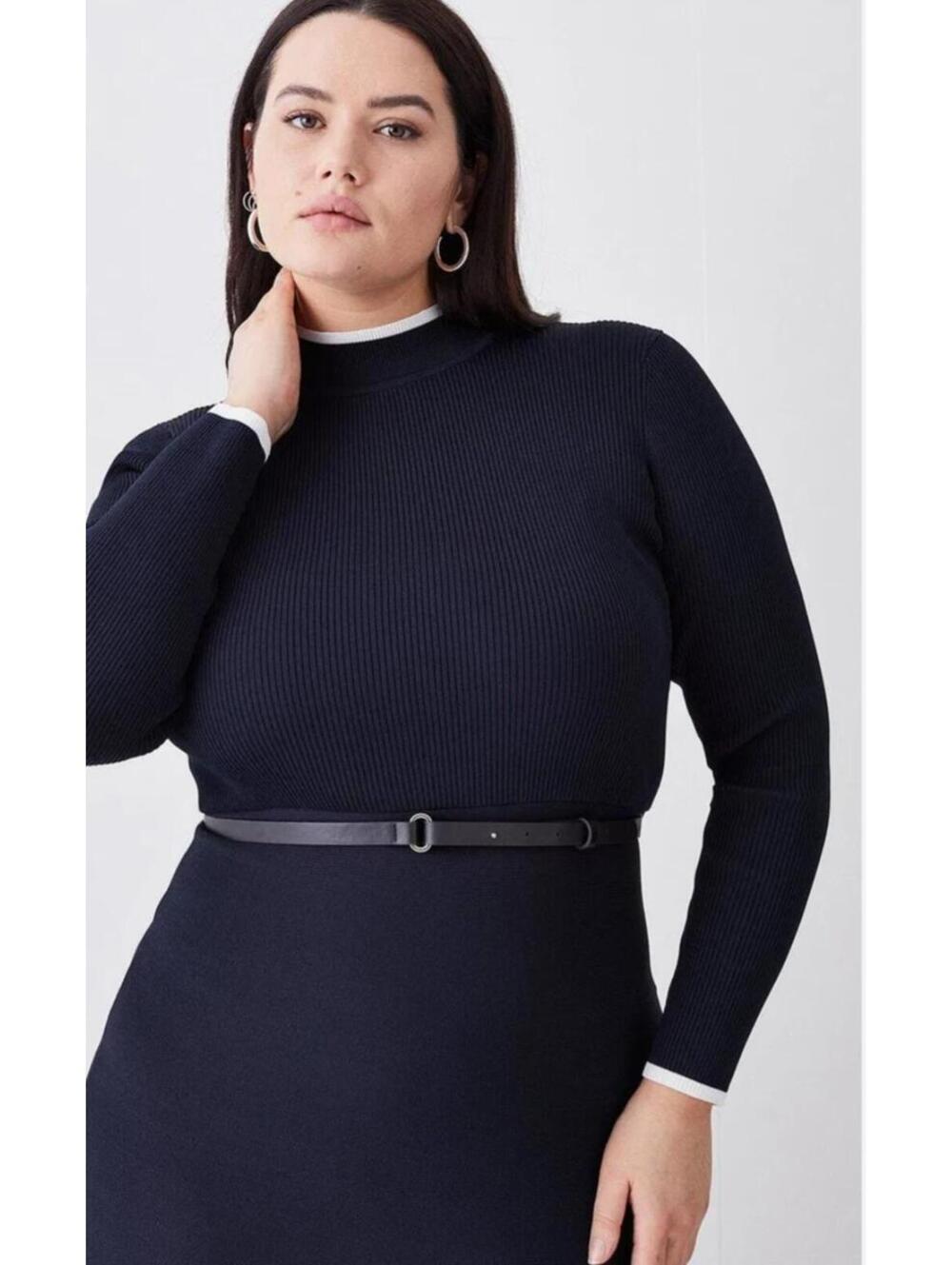 NWT Karen Millen Navy Blue Ribbed Knit Long Sleeve Midi Dress Plus Size 3X XXXL